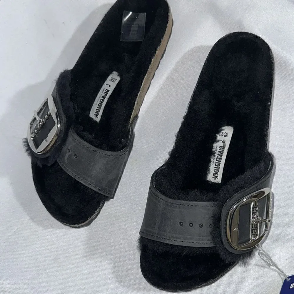 BIRKENSTOCK MADRID SHEARLING BIG BUCKLE SANDALS BLACK NEW NWT